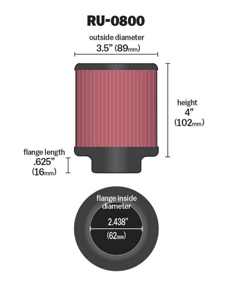K&N Universal Air Filter - 2-7/16in Flange x 3-1/2in OD x 4in Height-SR1 Performance