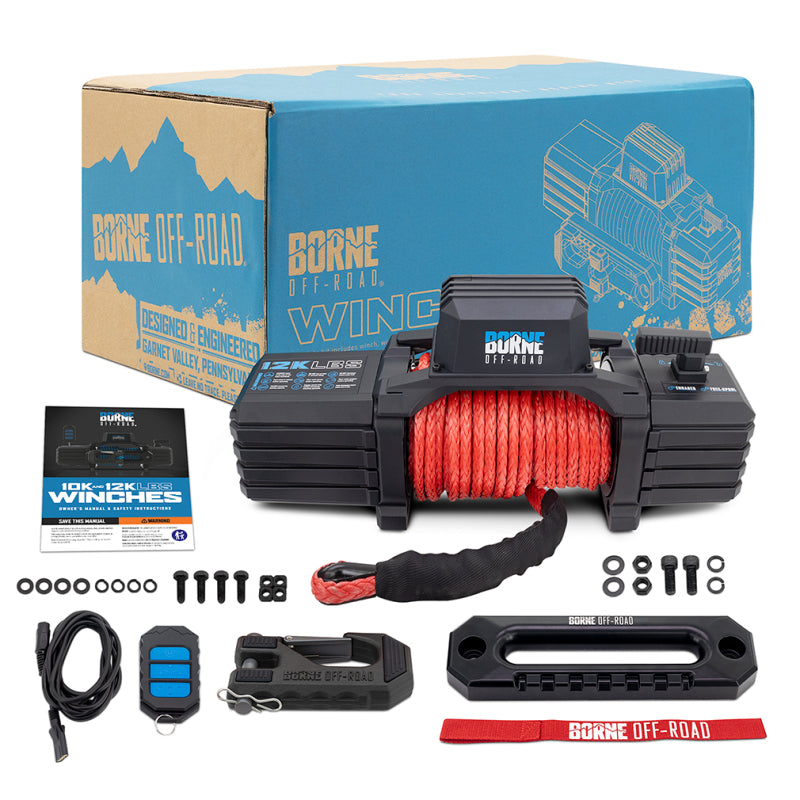 Borne Off-Road 12,000 lb Winch with Red Synthetic Rope - BNWN-12-SRD