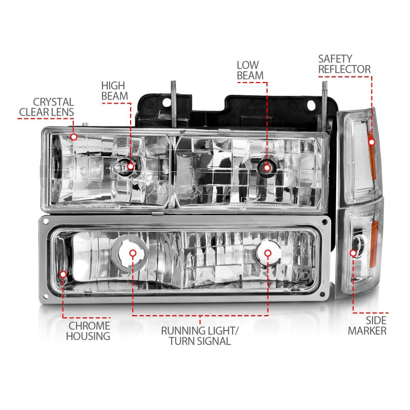 ANZO 88-98 Chevrolet C1500 Crystal Headlights with Signal and Side Marker Lights, Chrome Housing