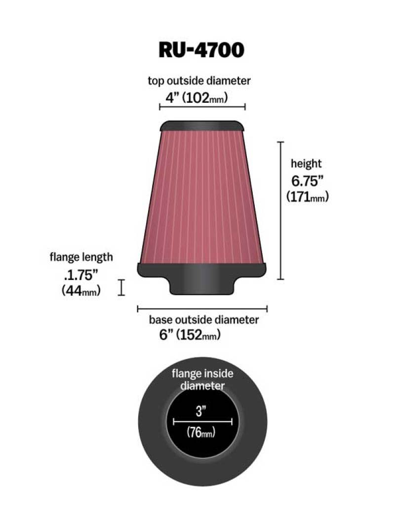 K&N Universal Tapered Filter 3in Flange ID x 6in Base OD x 4in Top OD x 6.75in Height-SR1 Performance
