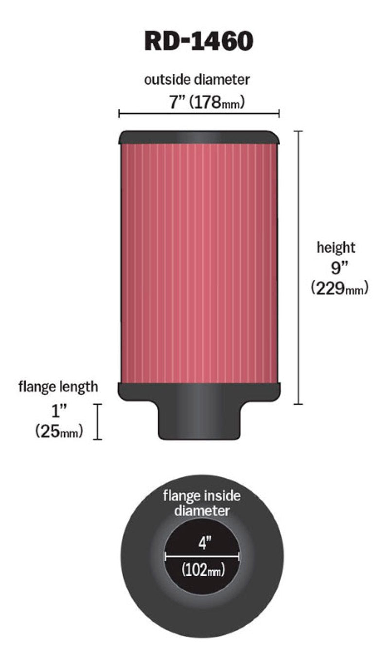 K&N Universal Air Filter 4in Flange ID 7in OD 9in Height-SR1 Performance