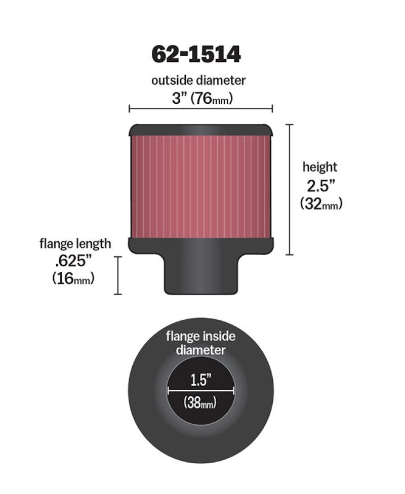K&N 1.5in Flange ID x 3in OD x 2.5in Height Clamp On Crankcase Vent Filter-SR1 Performance