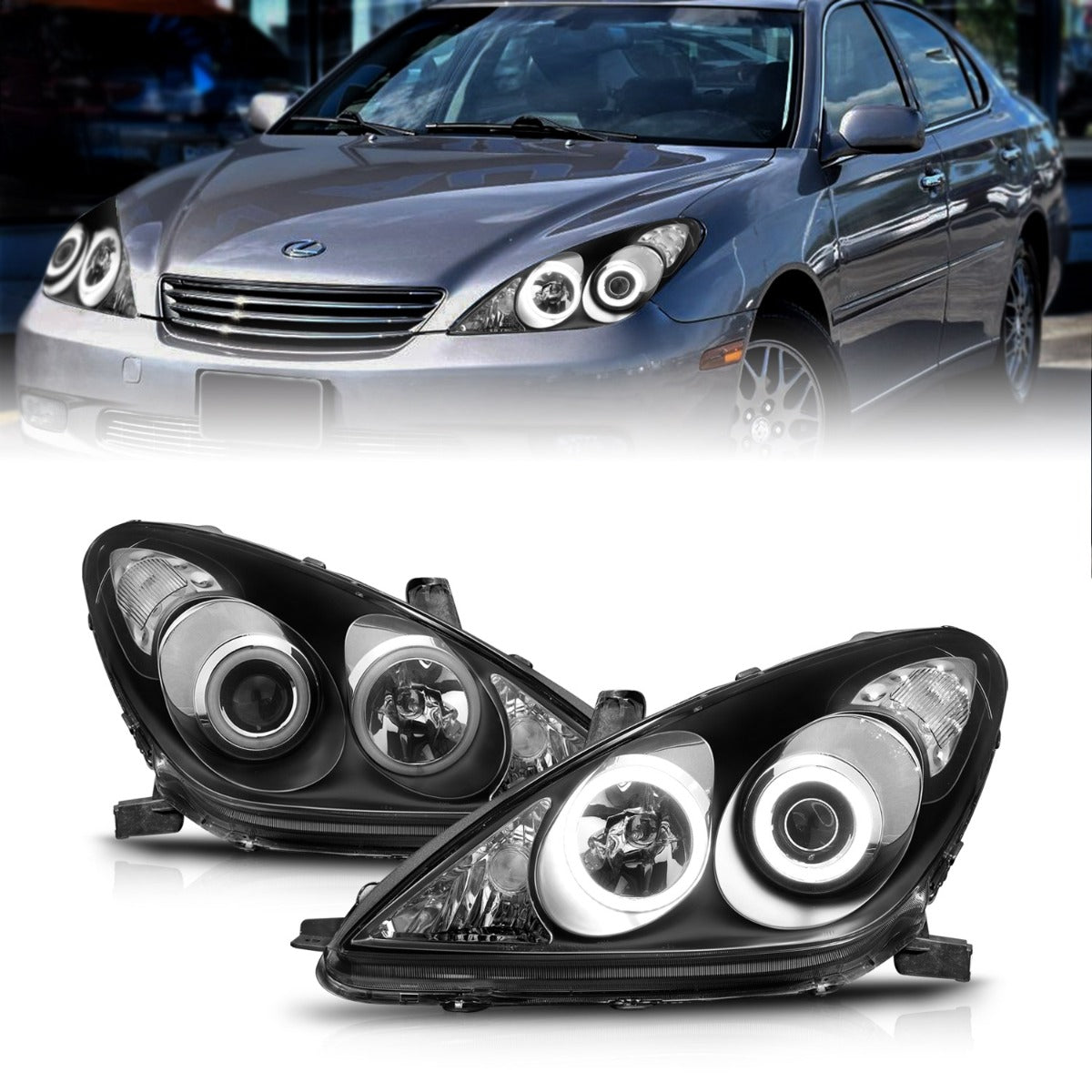 LEXUS ES 300 02-03 / ES 330 04 PROJECTOR HEADLIGHTS BLACK W/ RX HALO (NOT FOR FACTORY HID MODELS)