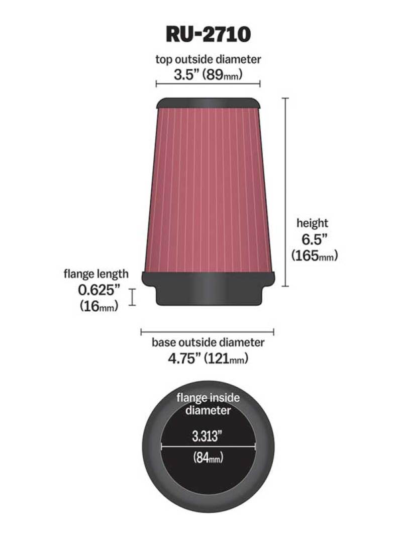 K&N Universal Rubber Filter Round Tprd 3.313in Flange ID x 4.75in Base OD x 3.5in Top OD x 6.5in H-SR1 Performance