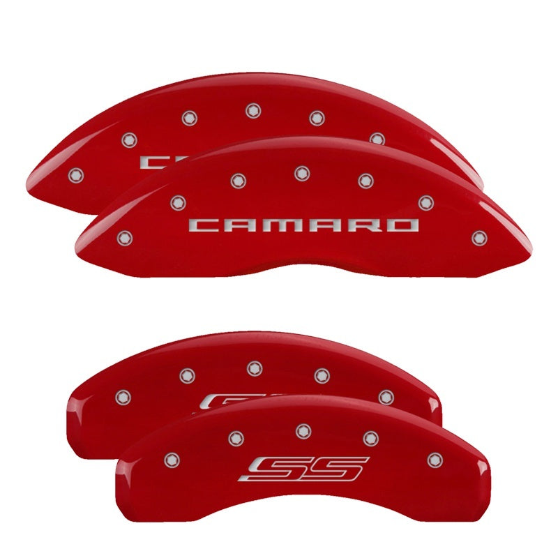 MGP 4 Caliper Covers Engraved Front Gen 5/Camaro Engraved Rear Gen 5/SS Red finish silver ch