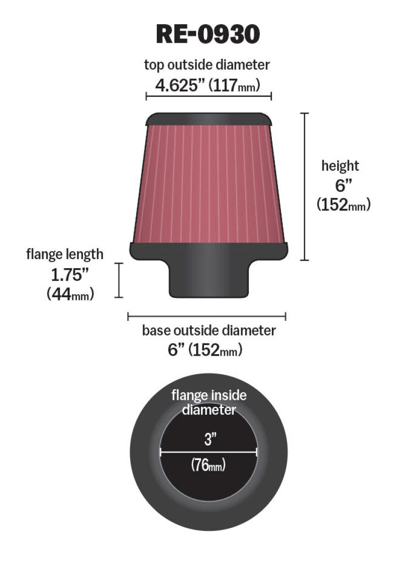 K&N Universal Rubber Filter - Round Tapered 6in Base OD x 3in Flange ID x 6in H-SR1 Performance