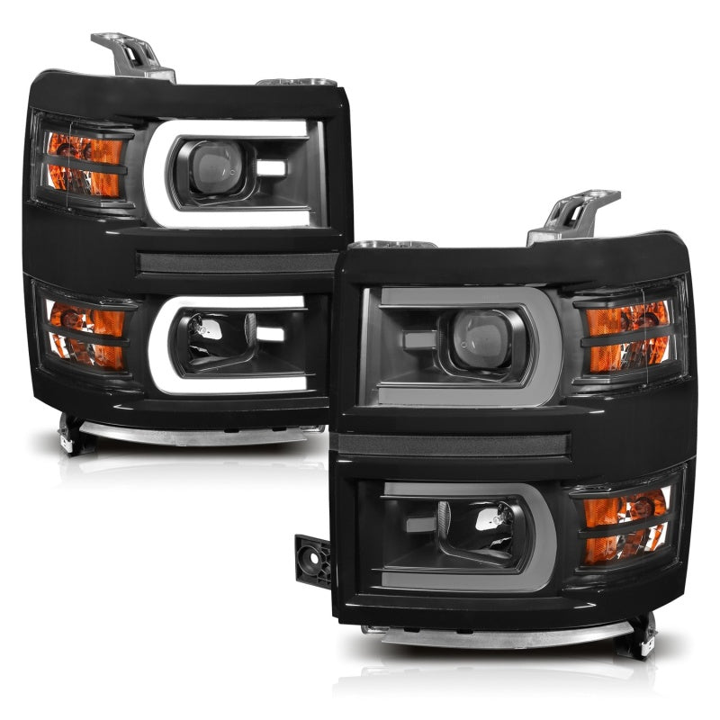 ANZO 14-15 Chevrolet Silverado 1500 Projector Headlights w/ Plank Style Switchback Black w/ Amber