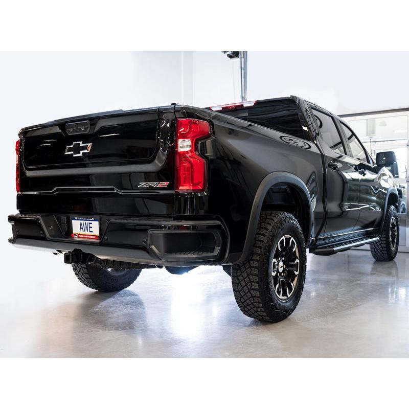 AWE Tuning 22-23 GMC Sierra 1500 AT4X 6.2L 0FG Catback Split Dual (Flat Bumper) - Bashguard(No Tips)