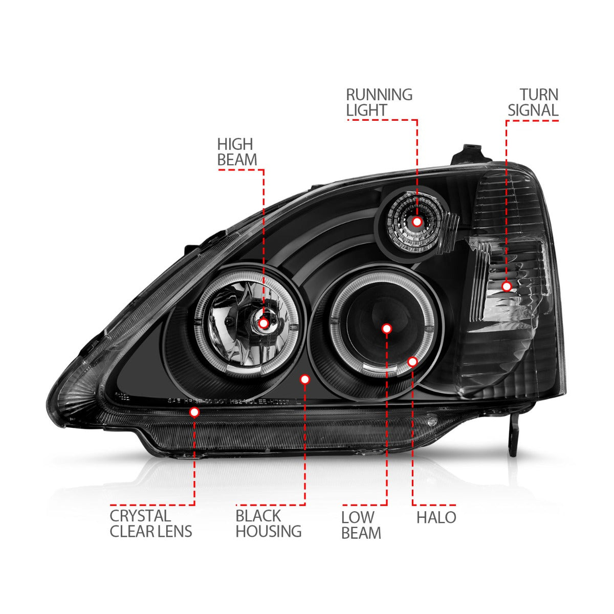 HONDA CIVIC 02-03 3DR PROJECTOR HALO HEADLIGHTS BLACK