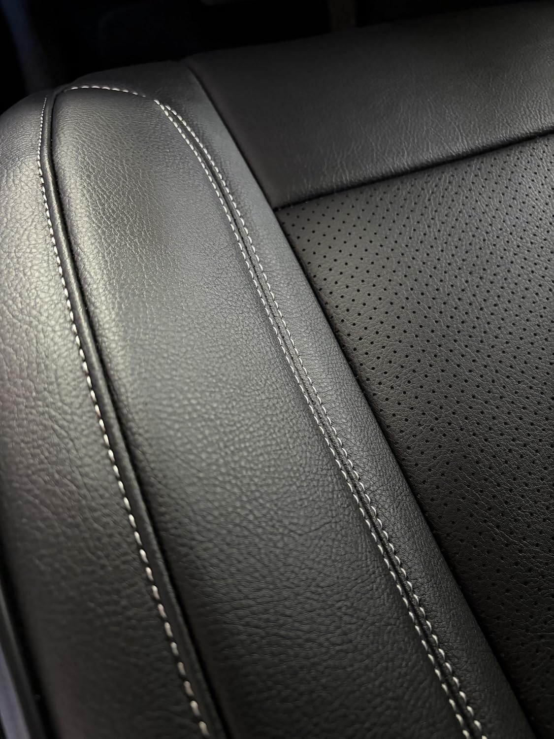 Custom Fit Seat Covers for 2015-2023 Dodge Charger – Front & Rear Set of 4, Premium Artificial Leather w/ Embroidered Logos (Performance Seats) (All Black (White Stitching))