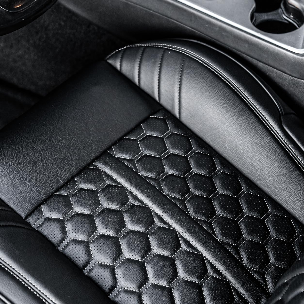 Custom Fit Seat Covers for 2015-2023 Dodge Charger – Front & Rear Set of 4, Premium Artificial Leather w/ Embroidered Logos (Performance Seats) (All Black w/ Honeycomb (White Stitching))