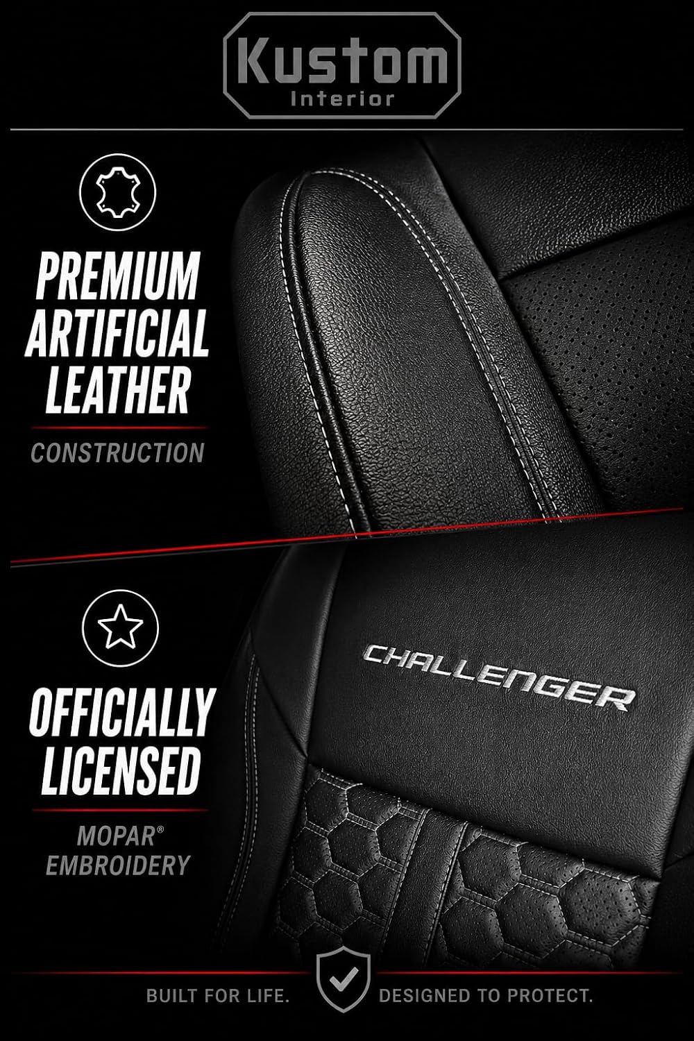 Custom Fit Seat Covers for 2020+ Jeep Gladiator JT – Front & Rear Set of 4, Premium Artificial Leather w/ Embroidered Logos (All Black w/ Honeycomb (White Stitching))