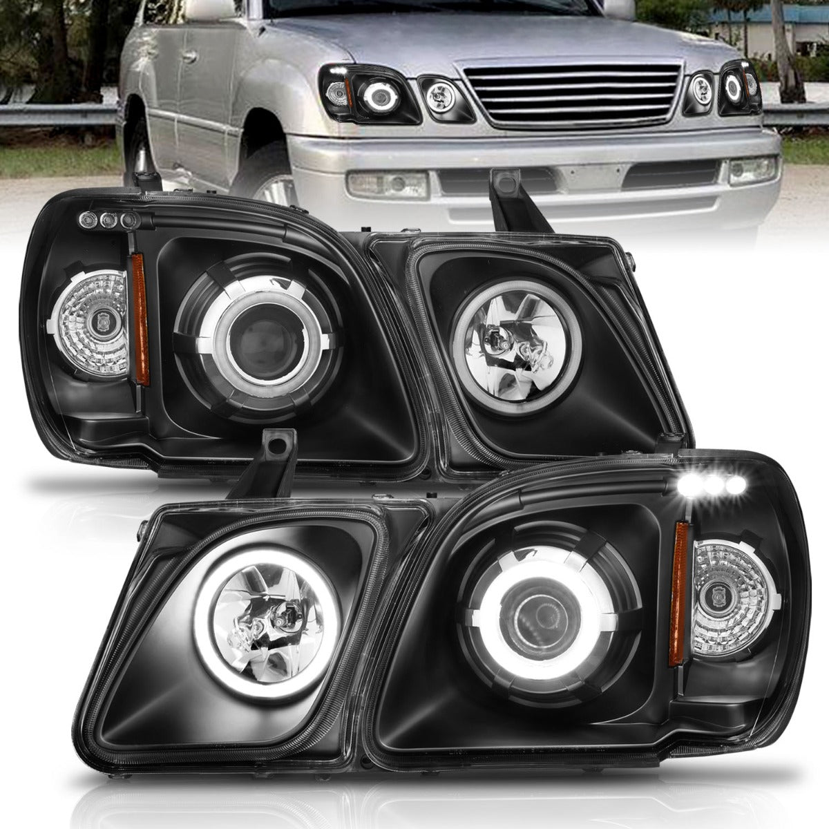 LEXUS LX470 98-07 PROJECTOR HEADLIGHTS BLACK CLEAR W/ RX HALO