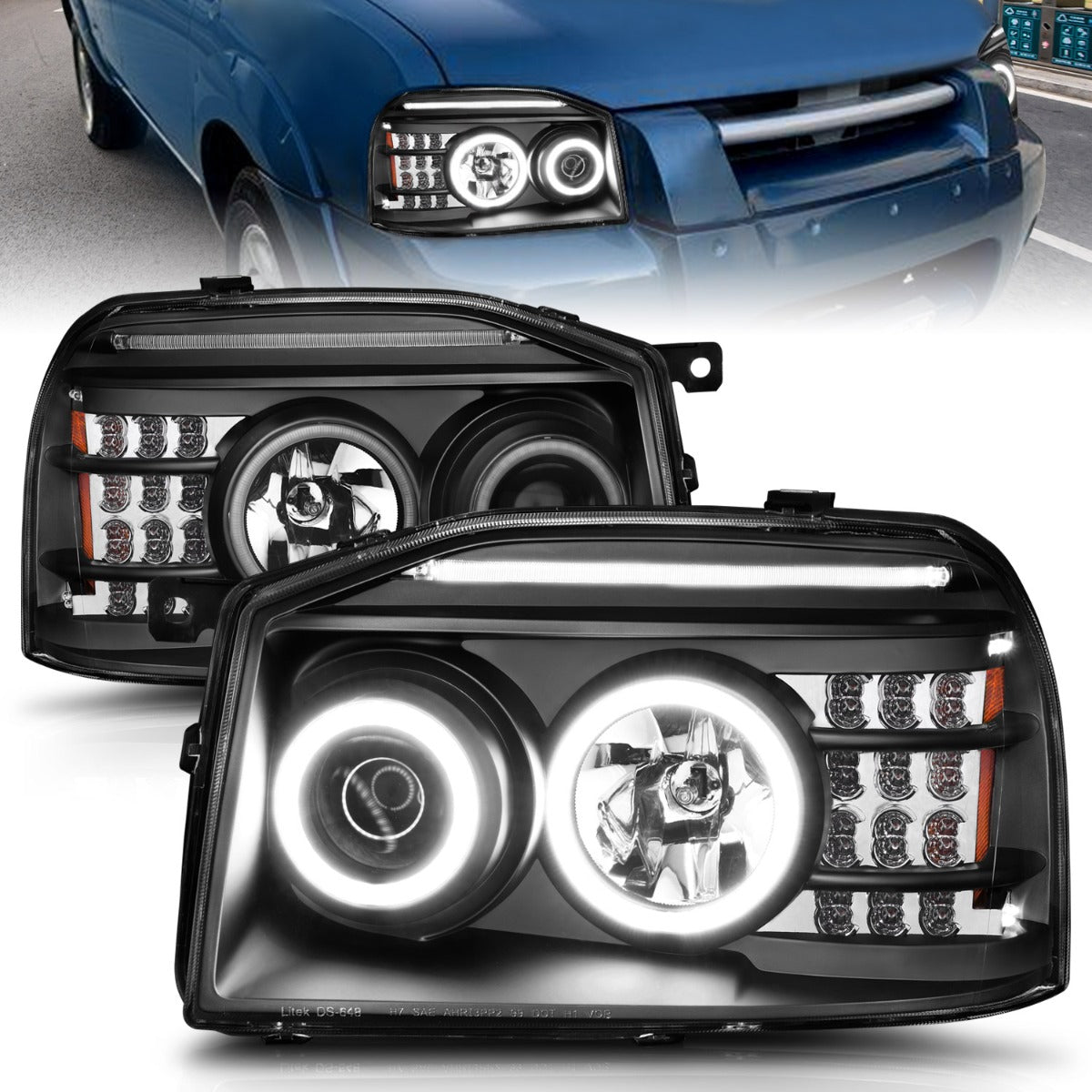 NISSAN FRONTIER 01-04 PROJECTOR HALO HEADLIGHTS BLACK W/ LED SIGNAL & RX HALO