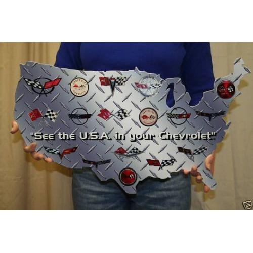 "See the USA in your Chevrolet" Corvette USA Map large automotive metal Sign - 24" x 14"