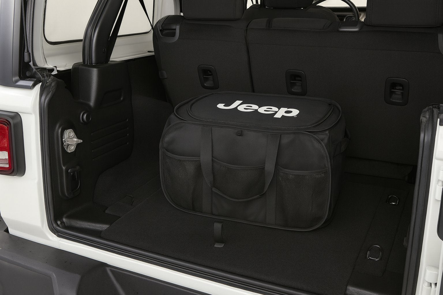Jeep Pop Up Trunk Storage Organizer - Black Organization Expandable/Collapsable Caddy with Logo for Grand Cherokee, Wagoneer, Wrangler, Gladiator, Avenger, Compass, Renegade