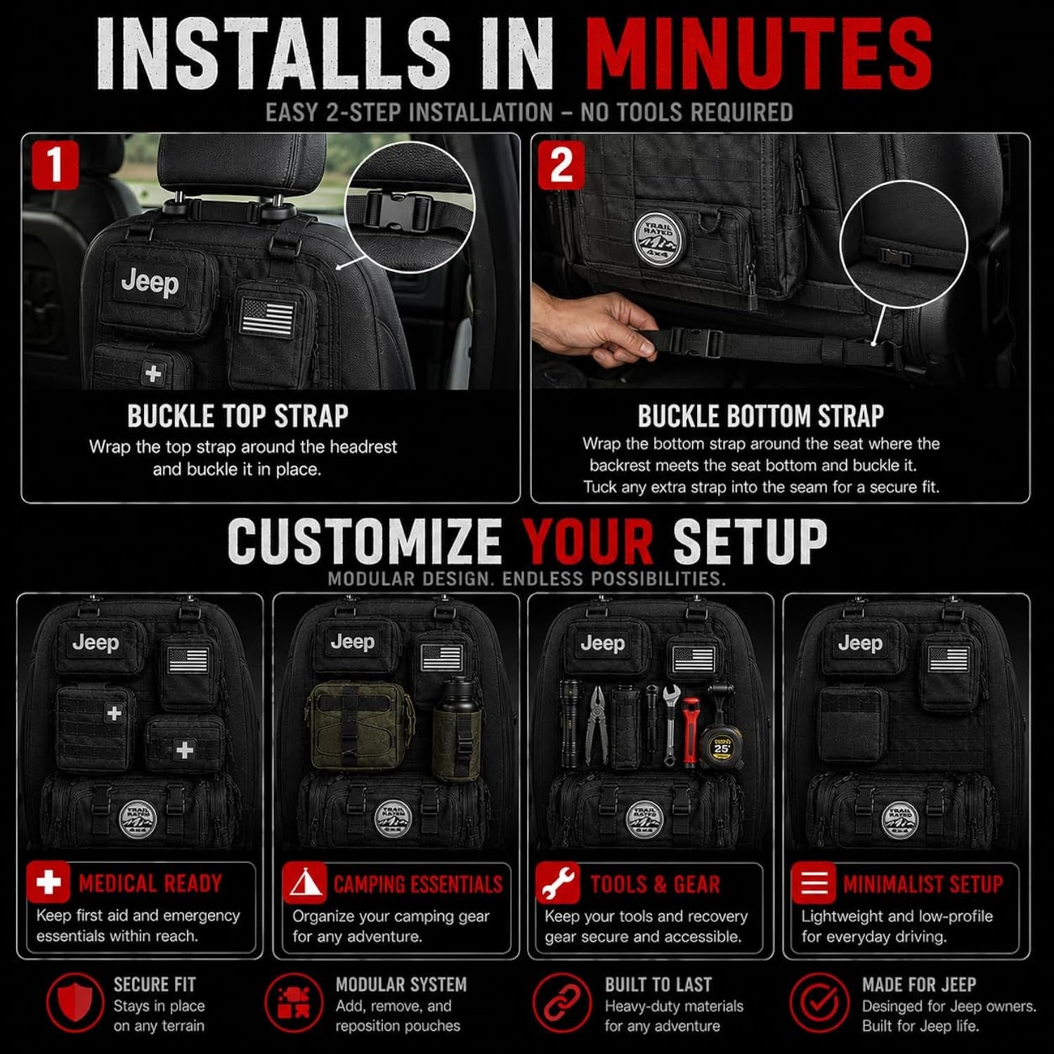 Universal Car Seat Back Organizer with 2 Interchangeable Rubber Patches – Heavy Duty 600D Polyester Multi-Pocket Storage Organizer, Seat Protector Kick Mat for Cars, SUVs, Trucks & Jeeps
