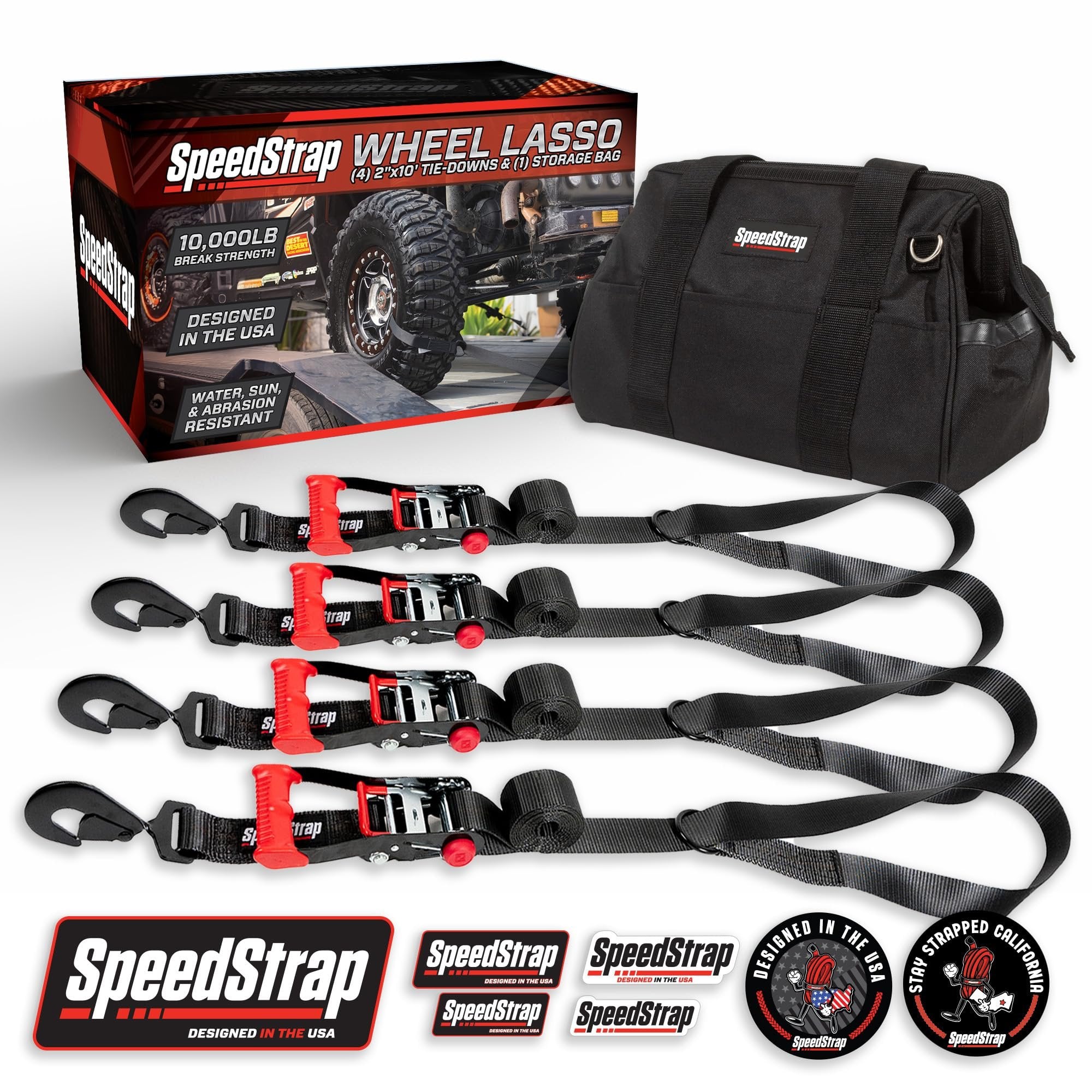 SpeedStrap Through Wheel Car Tie Down Straps for Trailers (4-Pack) - 2 Inch x 10 Feet (10,000lb Break Strength) Heavy-Duty Tire Straps with Snap Hooks & Lasso's - for Trailers, UTVs, Cars - Black