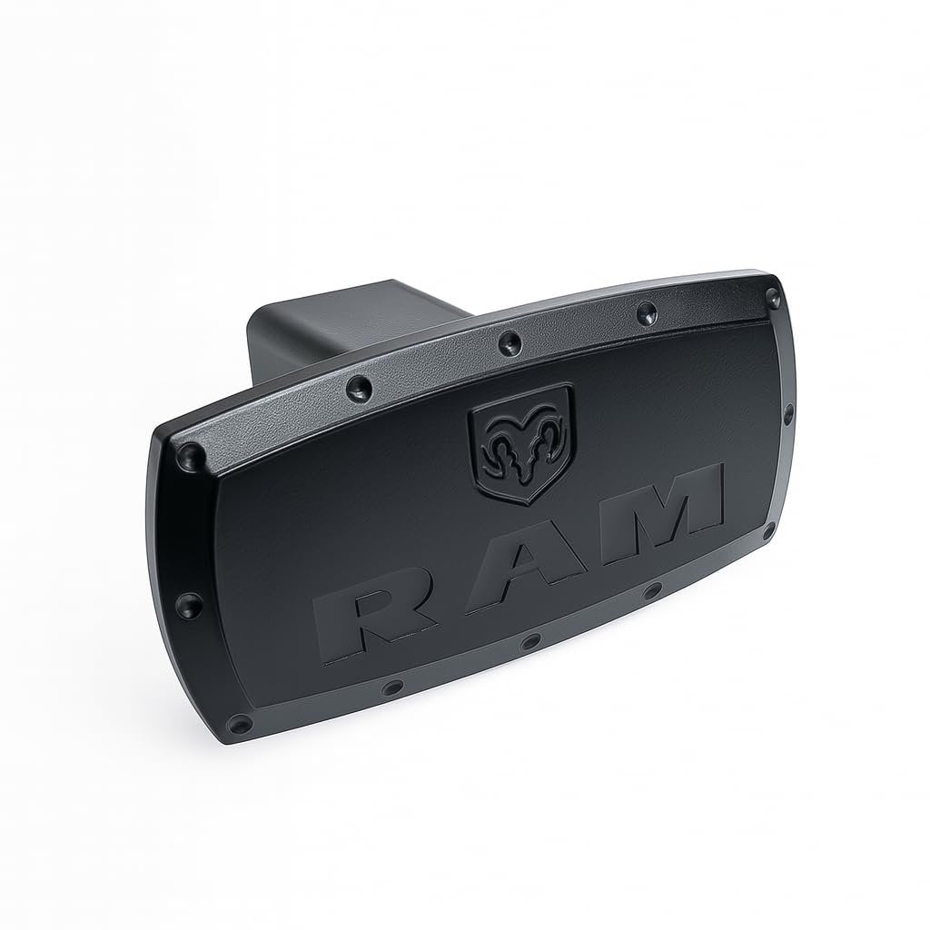 RAM Hitch Cover Plug - Black Billet Aluminum with Gloss Black Logo - USA Made for Dodge Ram
