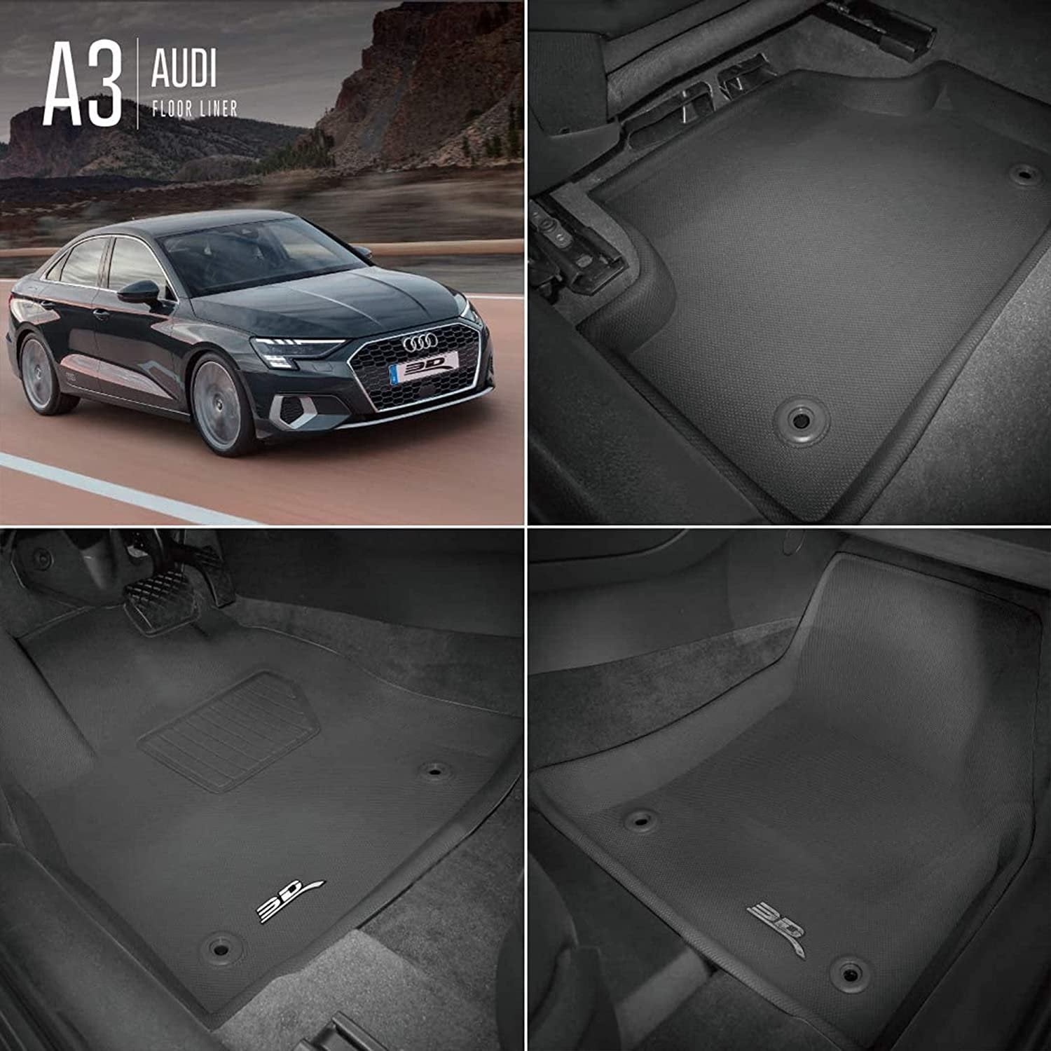 3D MAXpider Complete Set Custom Fit All-Weather Floor Mat for Select Audi A3/S3 Models - Kagu Rubber (Black)-SR1 Performance