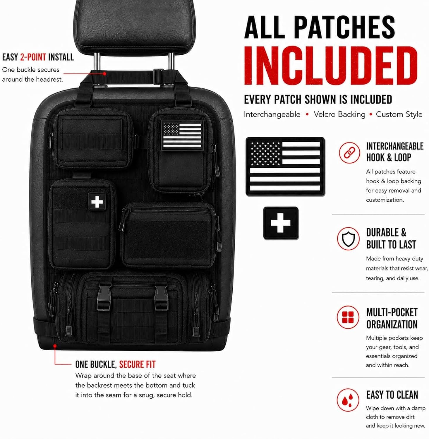 Universal Car Seat Back Organizer with 2 Interchangeable Rubber Patches – Heavy Duty 600D Polyester Multi-Pocket Storage Organizer, Seat Protector Kick Mat for Cars, SUVs, Trucks & Jeeps