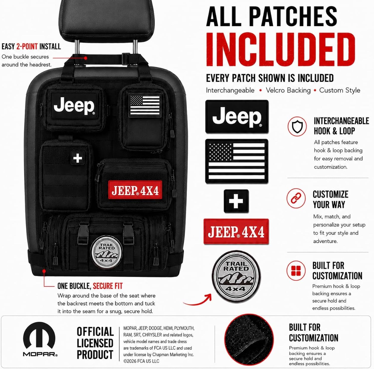 Universal Car Seat Back Organizer with 2 Interchangeable Rubber Patches – Heavy Duty 600D Polyester Multi-Pocket Storage Organizer, Seat Protector Kick Mat for Cars, SUVs, Trucks & Jeeps