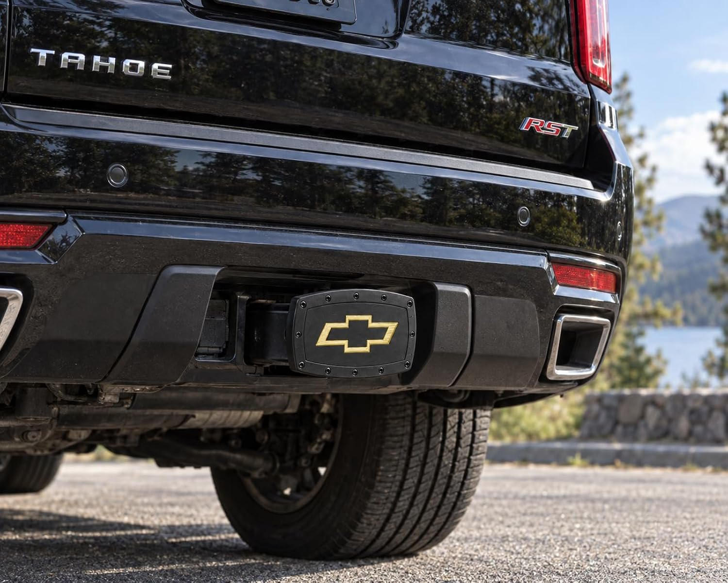 SR1 Performance USA Chevrolet Bowtie Billet Aluminum Trailer Hitch Cover Satin Black with Gold CNC Engraved Logo - 2" Rectangle Receiver Plug - Made in USA - Fits Chevy Cars, Trucks & SUVs