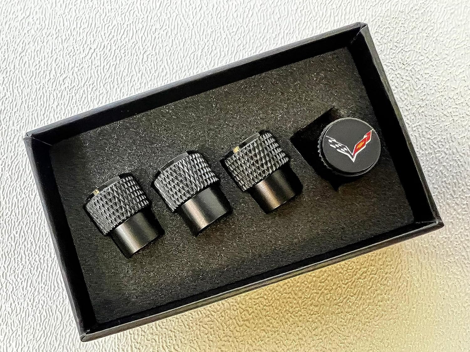 Corvette Cross Flag Logo Valve Stem Cap - Black Knurled - 4 Pieces : C7