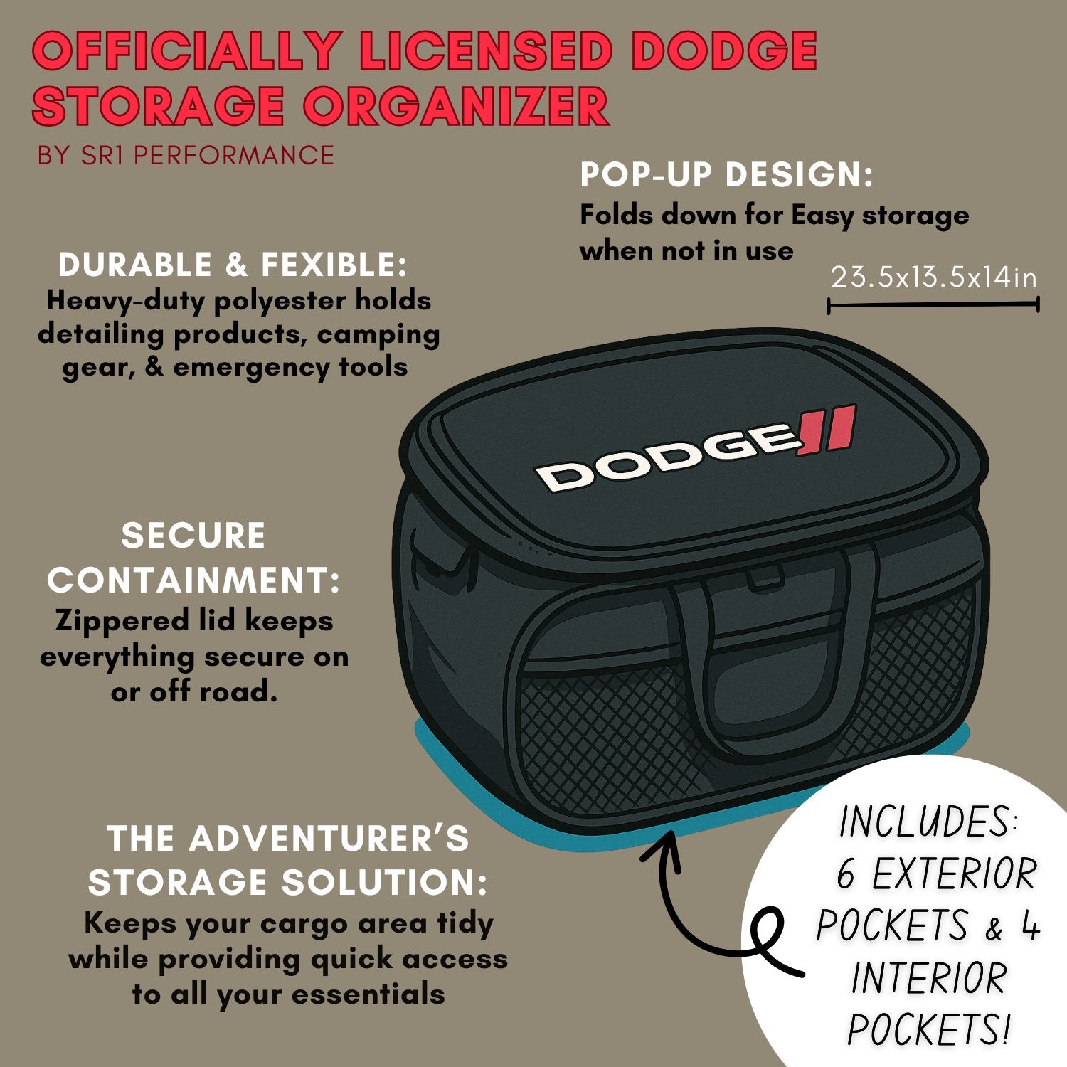 Dodge Pop Up Trunk Storage Organizer - Black Organization Expandable/Collapsible Caddy with Logo for All Dodge Vehicles