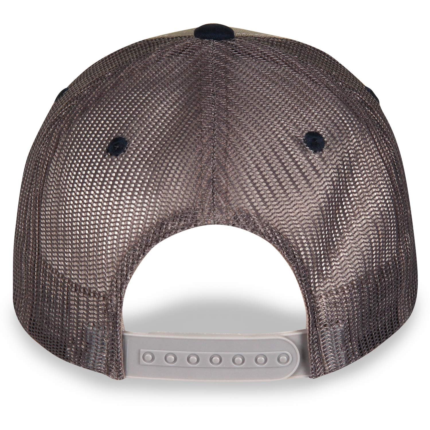 Officially Licensed Grey Twill and Ash Charcoal Mesh Ford Mustang Baseball Hat/Cap with Navy Blue Bill Featuring 3 Inch tri Pony on Front panes with Adjustable Closure