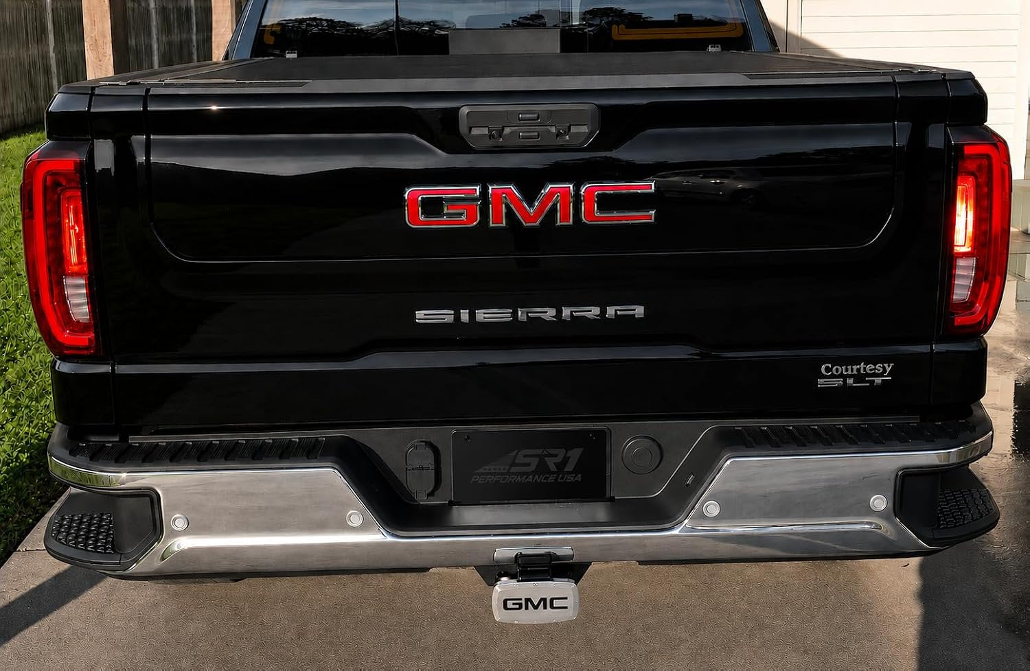 SR1 Performance USA GMC Billet Aluminum Trailer Hitch Cover Chrome with Black CNC Engraved Logo - 2" Rectangle Receiver Plug - Made in USA - Fits GMC Trucks & SUVs