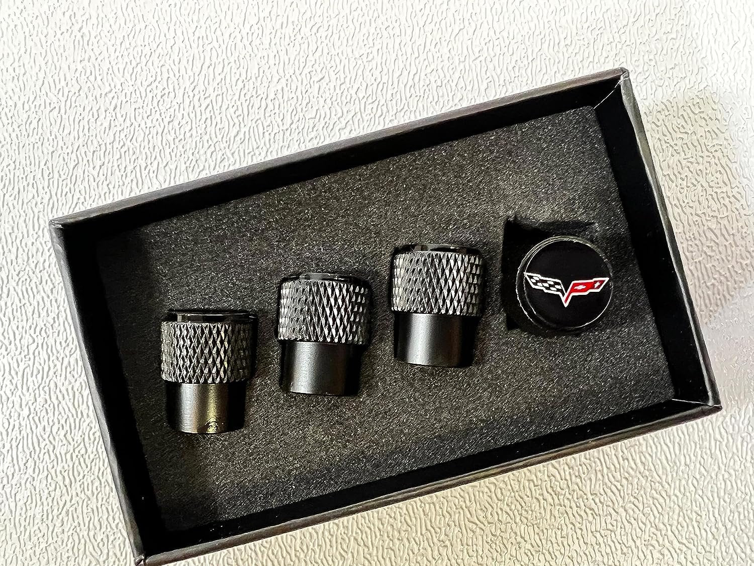 Corvette Cross Flag Logo Valve Stem Cap - Black Knurled - 4 Pieces : C6