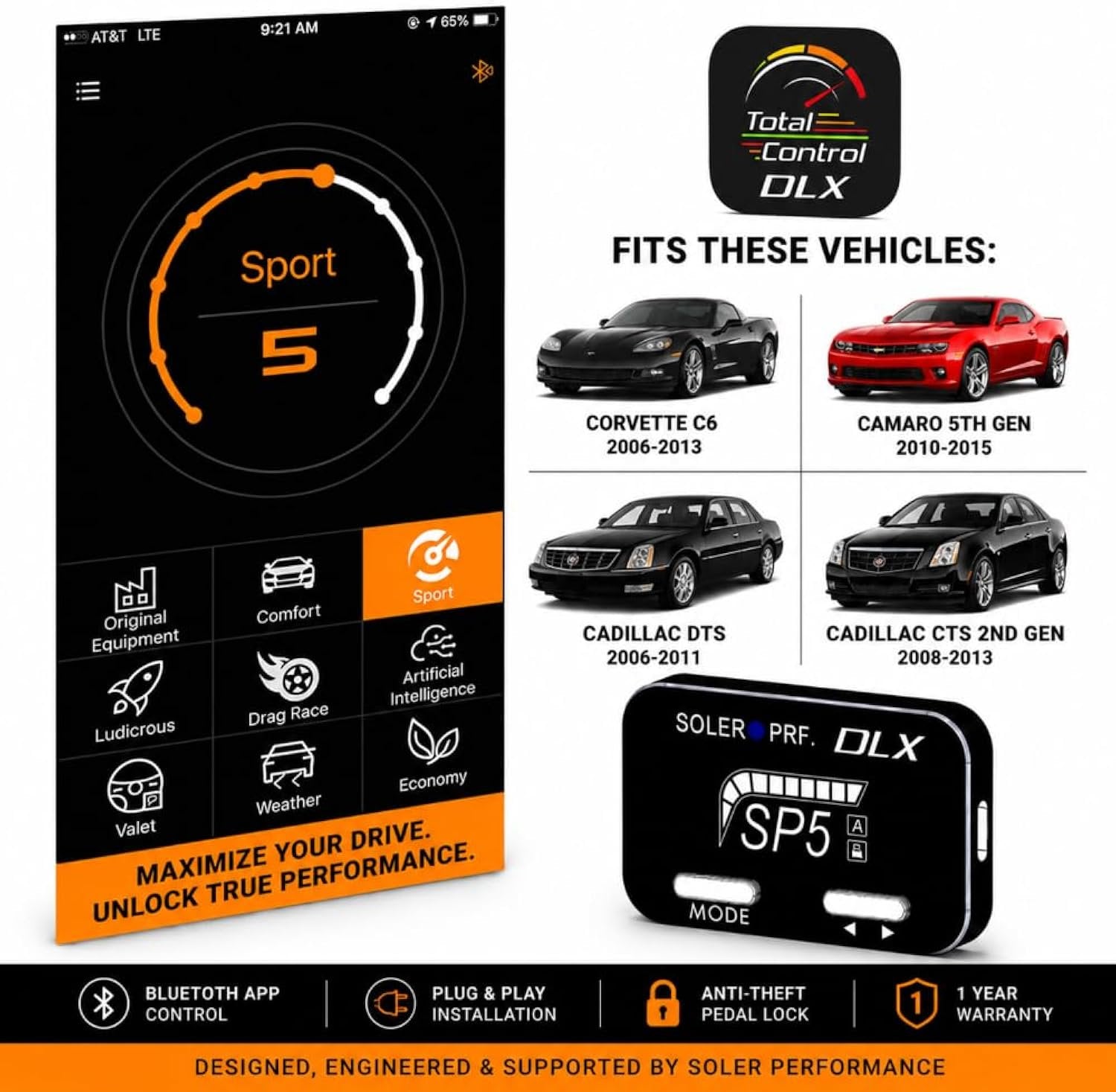 Soler Performance DLX Bluetooth Throttle Controller for Corvette C6 (2006-2013), Camaro 5th Gen, Cadillac DTS & CTS 2 - Plug & Play Pedal Response Controller with Bluetooth App & Anti-Theft Pedal Lock