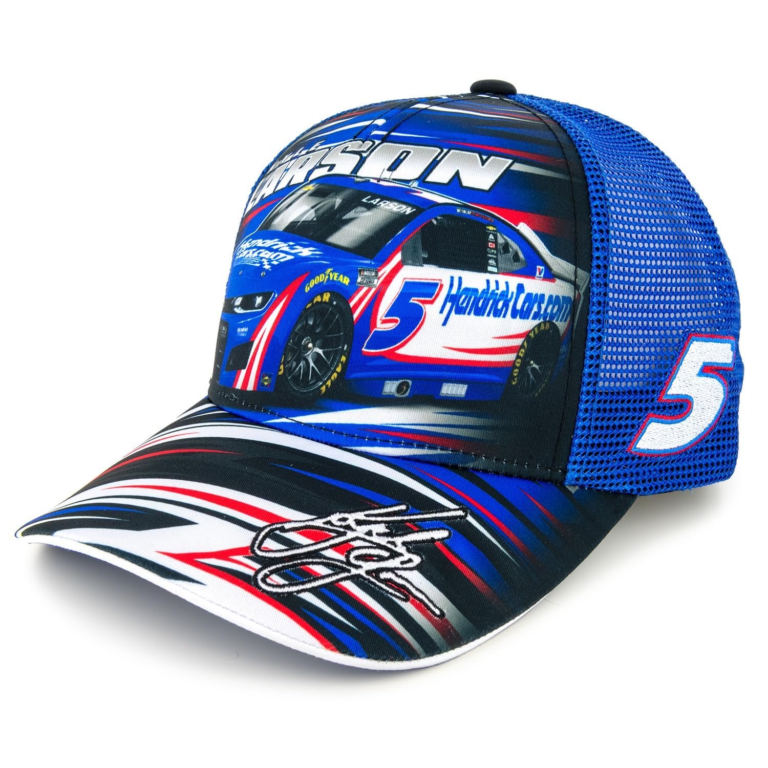 Checkered Flag Sports Kyle Larson 2025 HendrickCars Sublimated Car Mesh Hat Blue