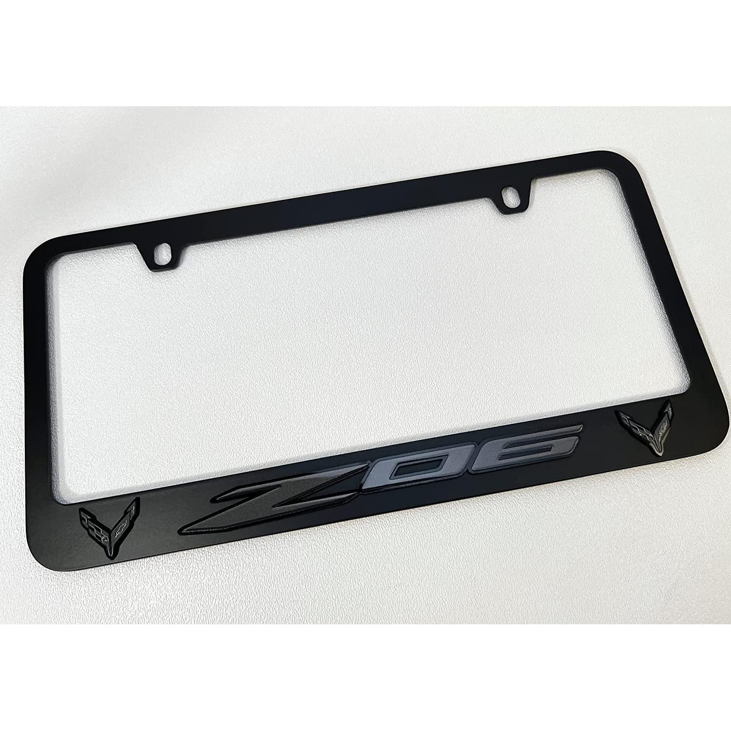 Corvette Black License Plate Frame W/Z06 & Monochromatic Flags Logo : C8 Z06