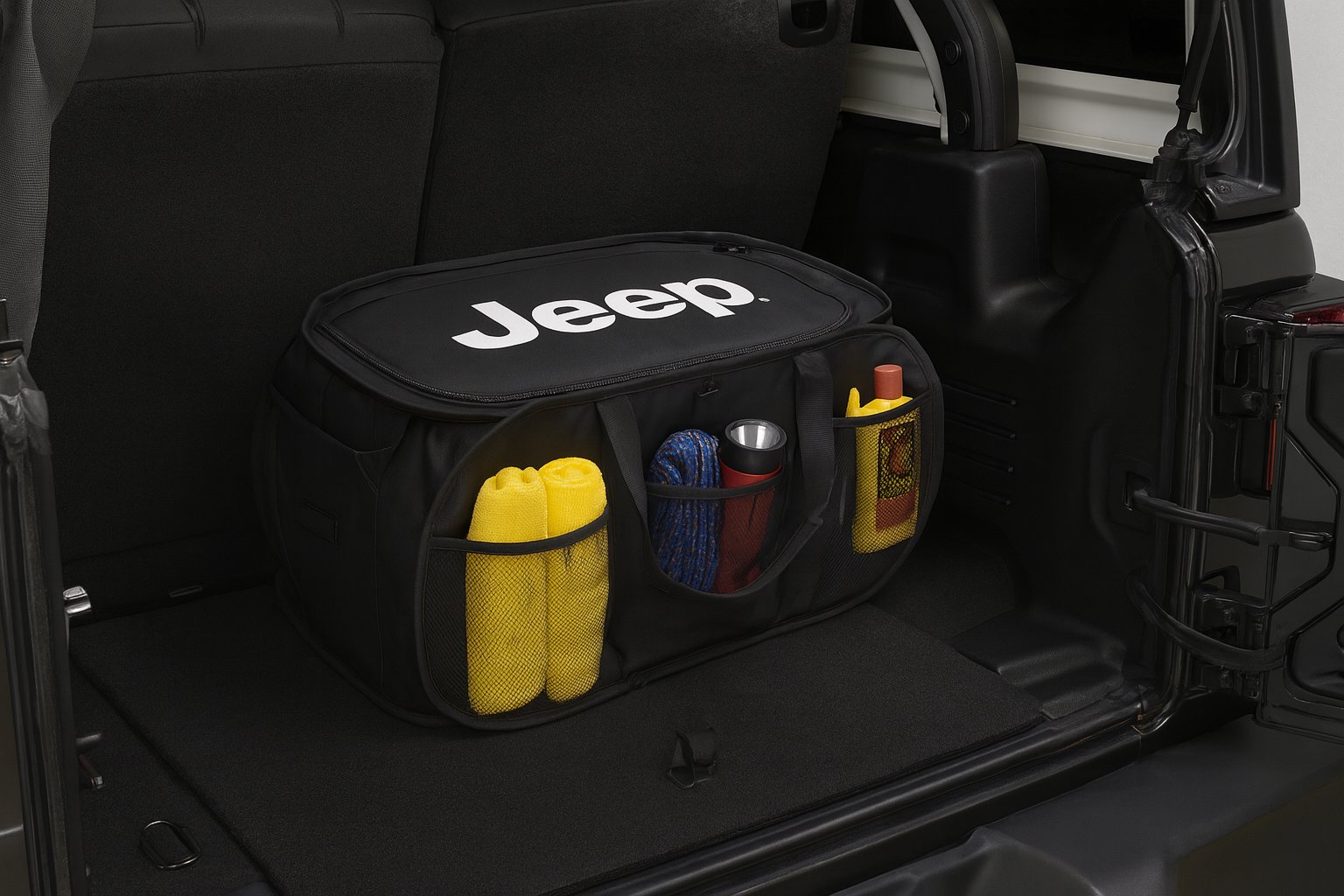 Jeep Pop Up Trunk Storage Organizer - Black Organization Expandable/Collapsable Caddy with Logo for Grand Cherokee, Wagoneer, Wrangler, Gladiator, Avenger, Compass, Renegade