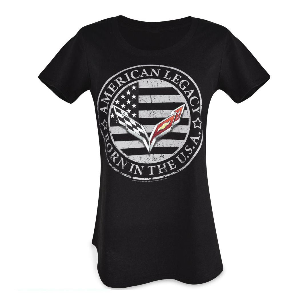 C7 Corvette Born in The USA American Legacy Ladie's T-Shirt : Black (Small)