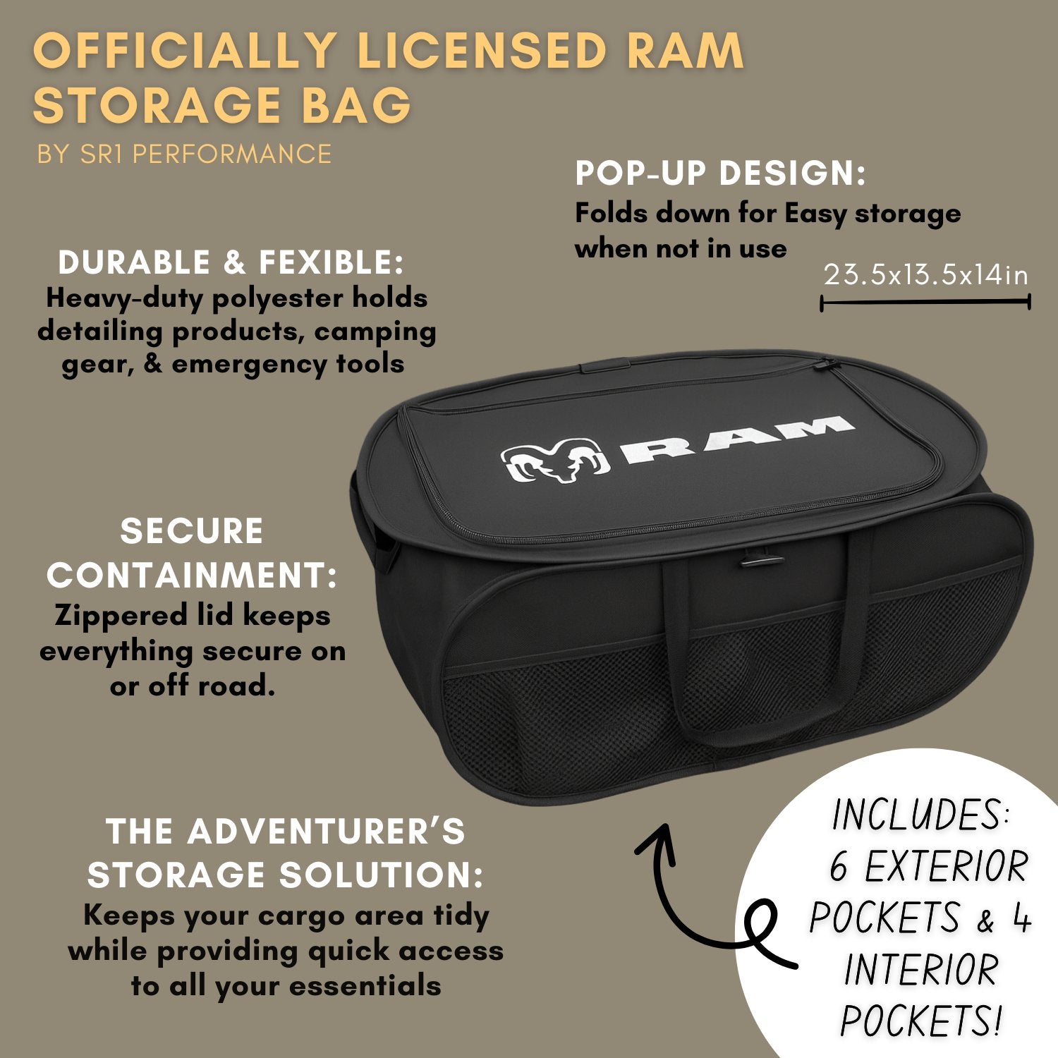 Ram Pop Up Trunk Storage Organizer - Black Organization Expandable/Collapsible Caddy with Logo for All Dodge Ram