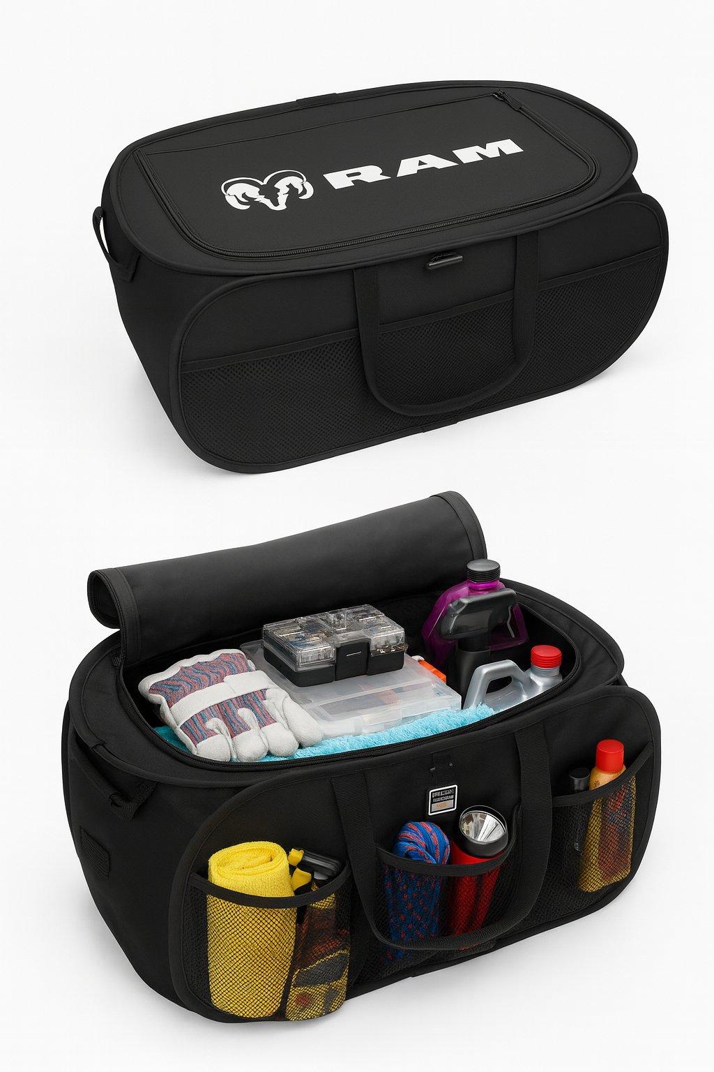 Ram Pop Up Trunk Storage Organizer - Black Organization Expandable/Collapsible Caddy with Logo for All Dodge Ram