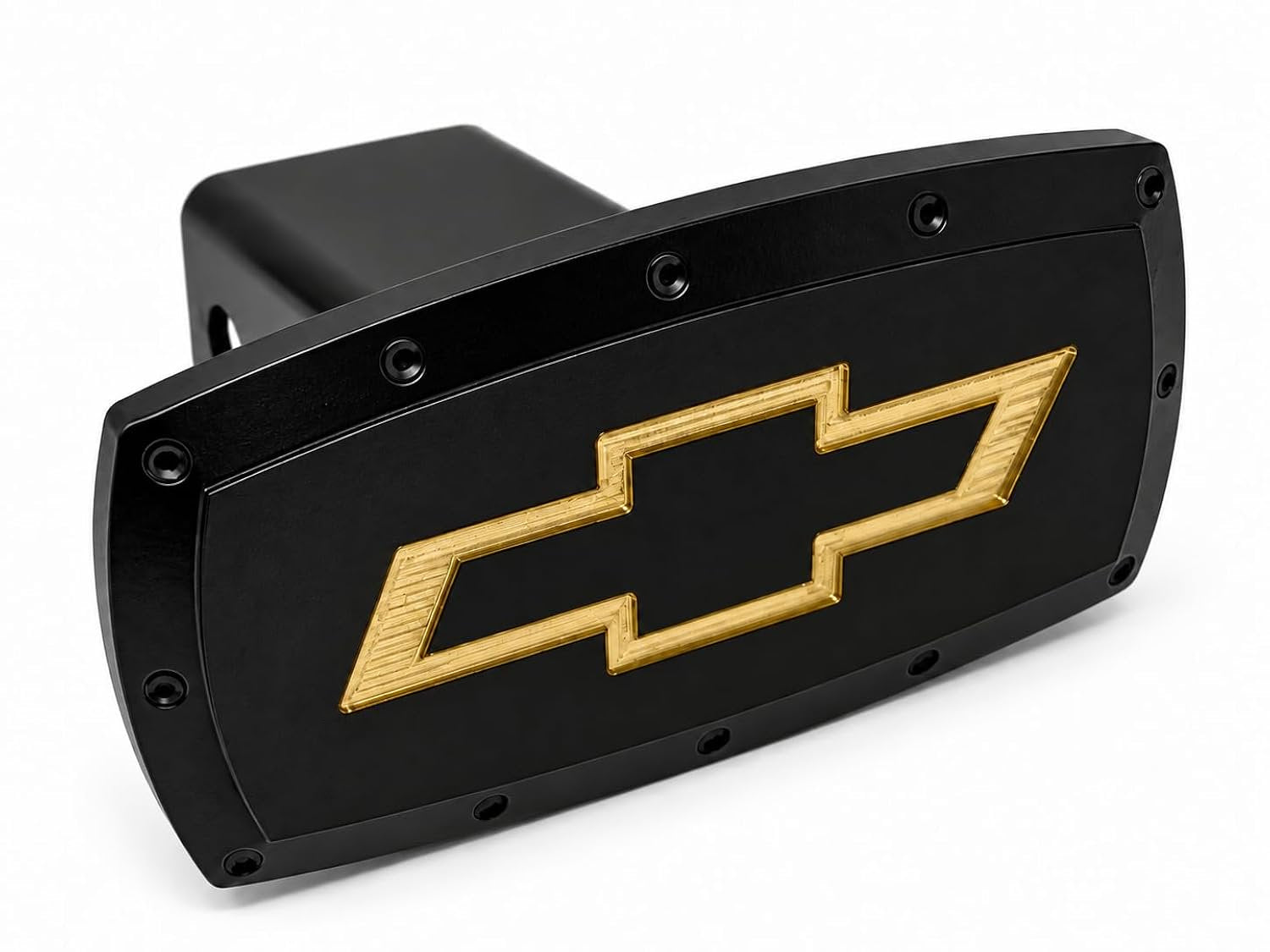 SR1 Performance USA Chevrolet Bowtie Billet Aluminum Trailer Hitch Cover Satin Black with Gold CNC Engraved Logo - 2" Rectangle Receiver Plug - Made in USA - Fits Chevy Cars, Trucks & SUVs