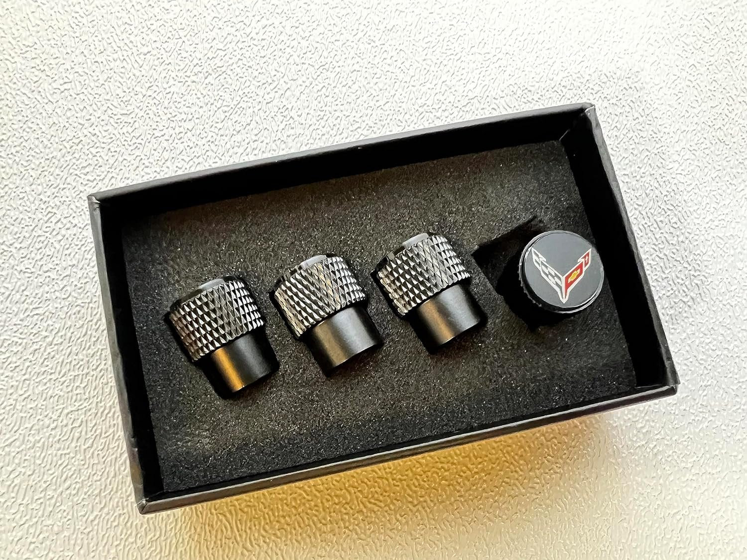 Corvette Cross Flag Logo Valve Stem Cap - Black Knurled - 4 Pieces : C8