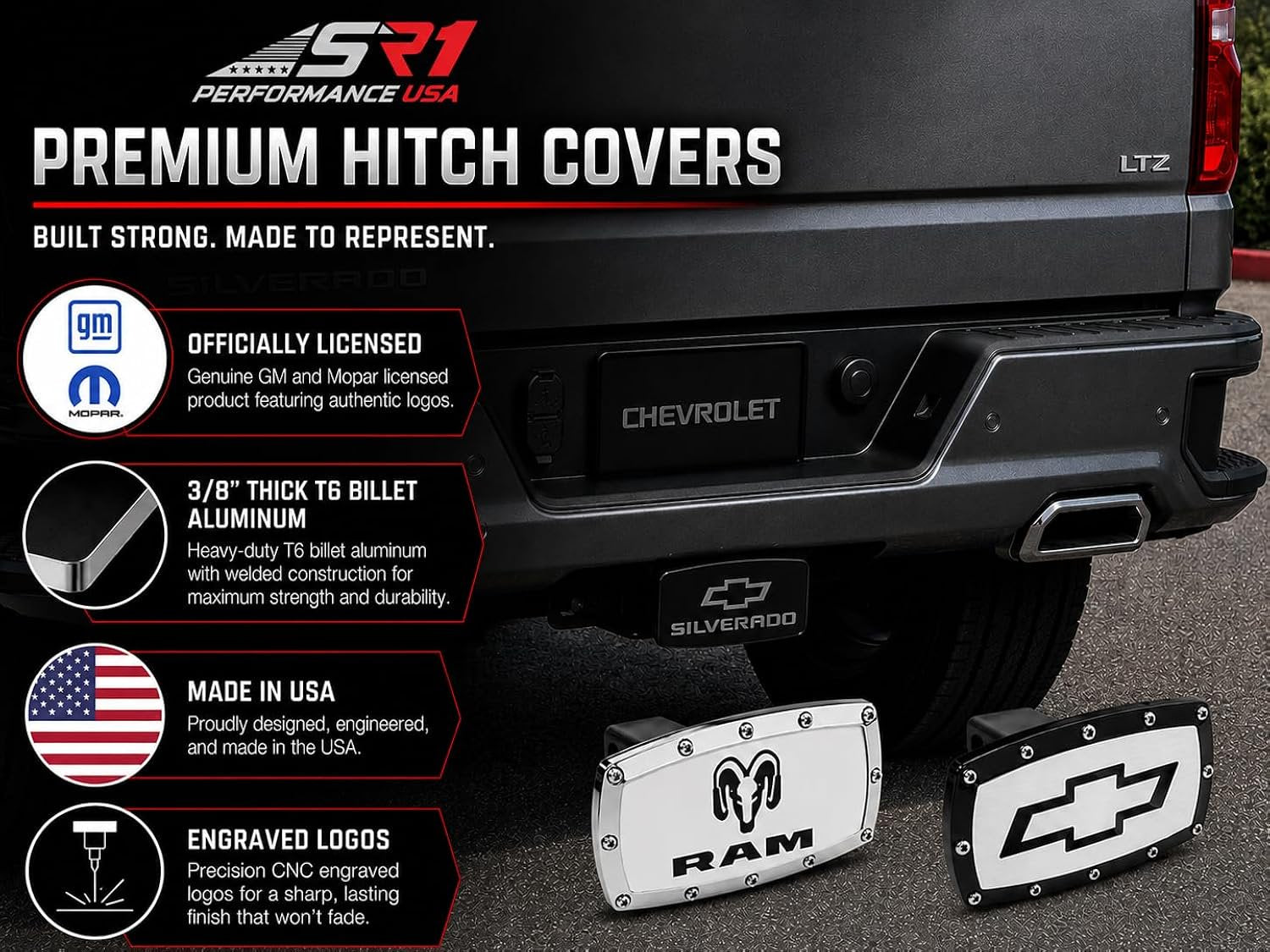 SR1 Performance USA GMC Billet Aluminum Trailer Hitch Cover Chrome with Red CNC Engraved Logo - 2" Rectangle Receiver Plug - Made in USA - Fits GMC Trucks & SUVs