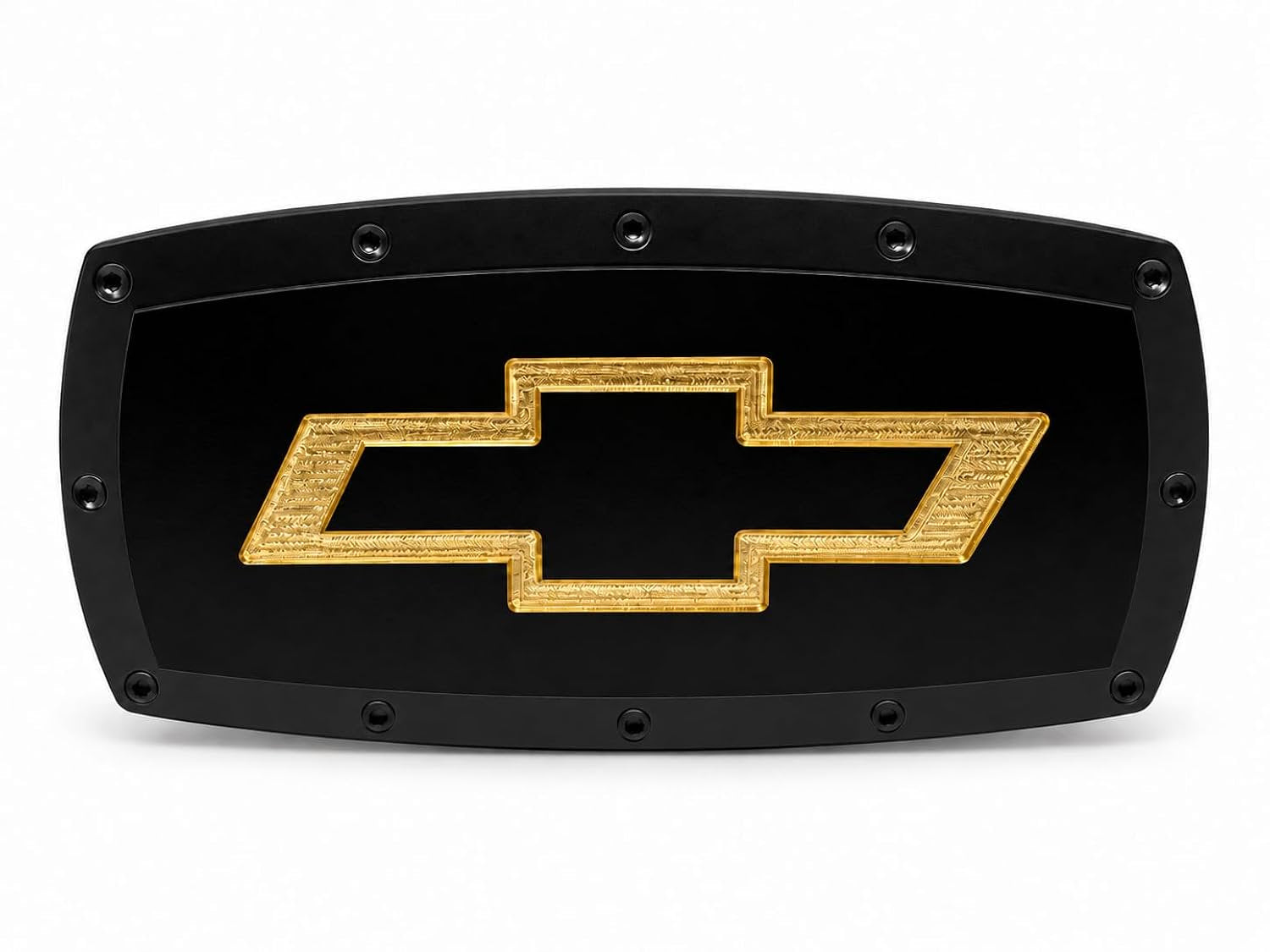 SR1 Performance USA Chevrolet Bowtie Billet Aluminum Trailer Hitch Cover Satin Black with Gold CNC Engraved Logo - 2" Rectangle Receiver Plug - Made in USA - Fits Chevy Cars, Trucks & SUVs