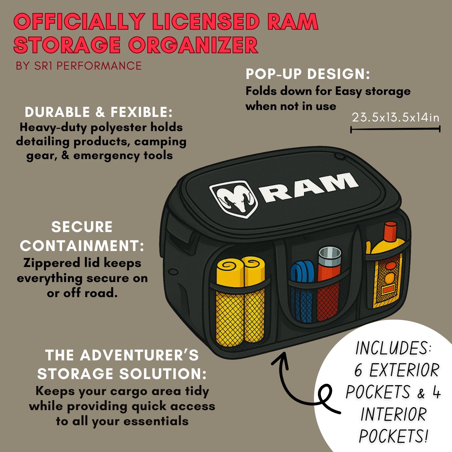 Ram Pop Up Trunk Storage Organizer - Black Organization Expandable/Collapsible Caddy with Logo for All Dodge Ram