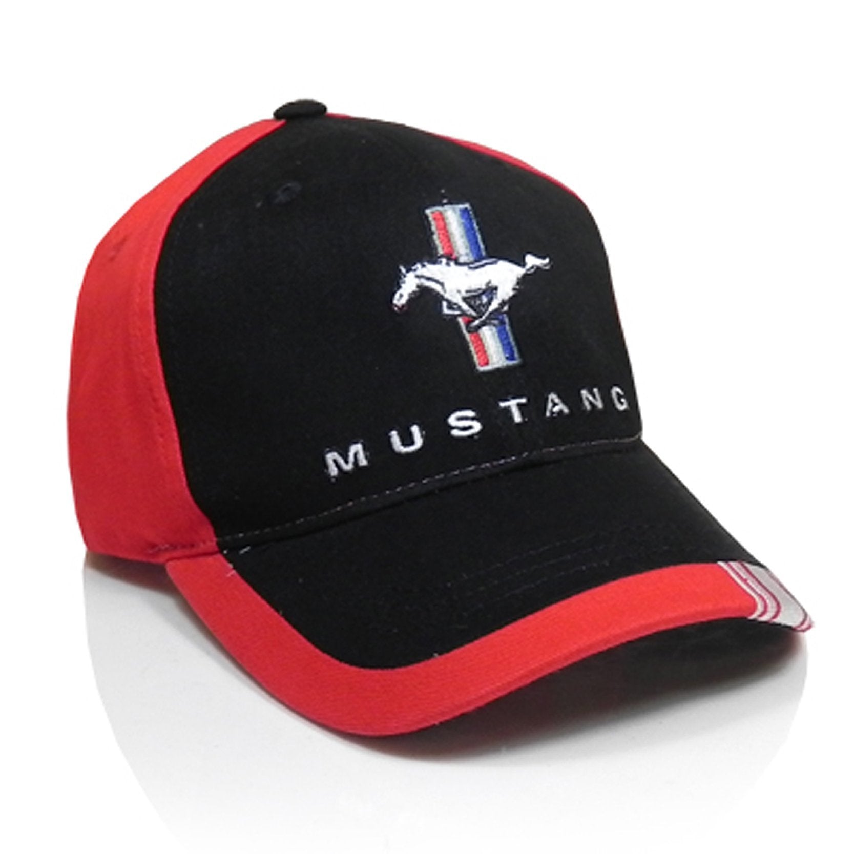 Mustang Running Horse Tri-Bar Black Red Stripe Baseball Cap