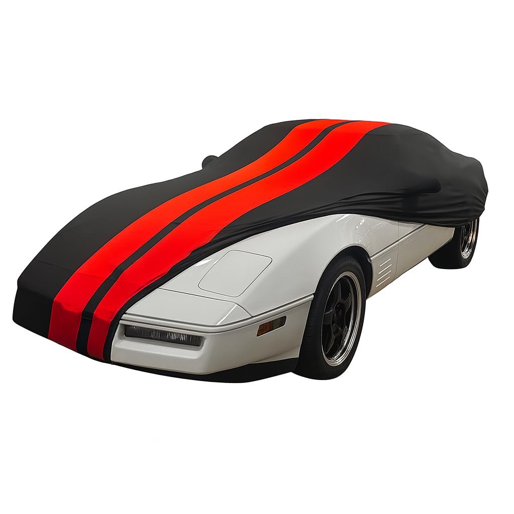 C4 Corvette Indoor Car Cover - Custom Fit Ultraguard Stretch Satin Striped - Ultimate High End Fit for 1984-1996 C4, Z51, GS, ZR1 Convertible, Hardtop (Black with Red Stripes, 1984-1996 C4 Corvette)