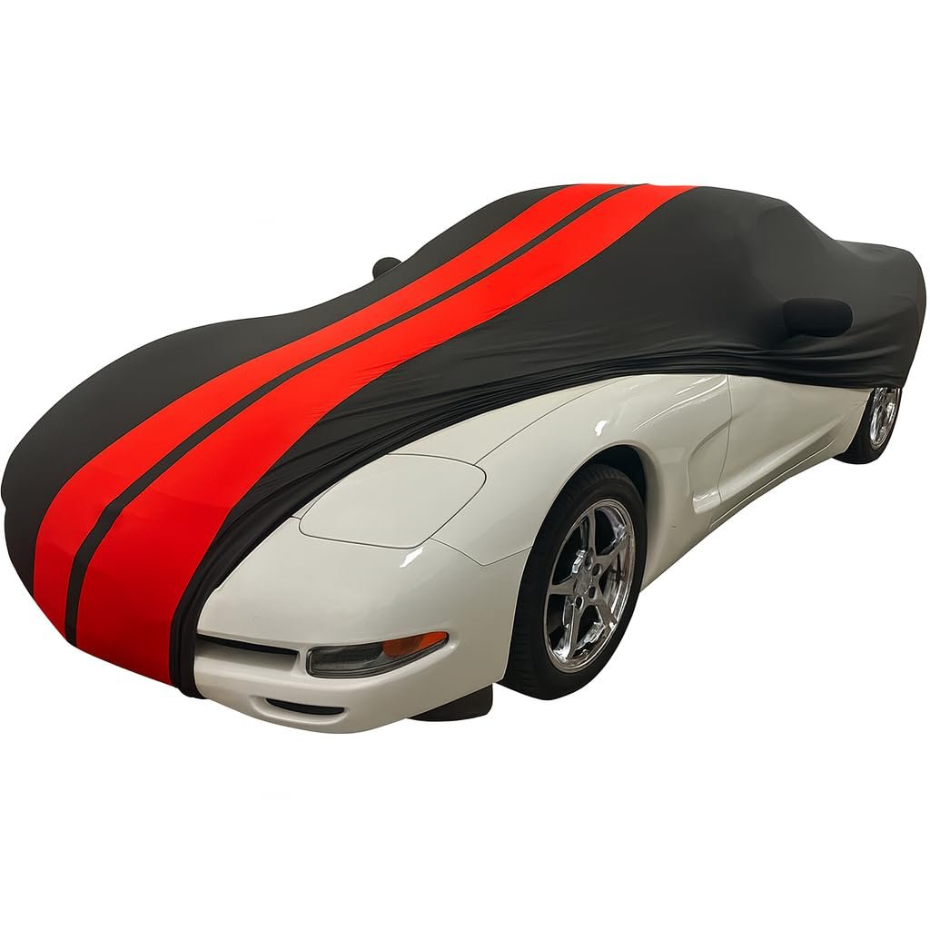 C5 Corvette Indoor Car Cover - Custom Fit Ultraguard Stretch Satin Striped - The Ultimate High End Fit 1997-2004 C5, Z06, Convertible, Hardtop (Black with Red Stripes, 1997-2004 C5 Corvette)