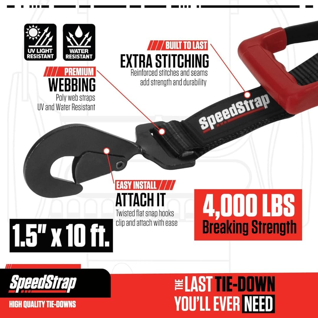 SpeedStrap Through Wheel Tie-Down, Black 1.5" x 10' Strap - Secure UTV to Trailer, 4,000 lb Max Capacity - Premium Ratchet Mechanism, Easy Loop Design