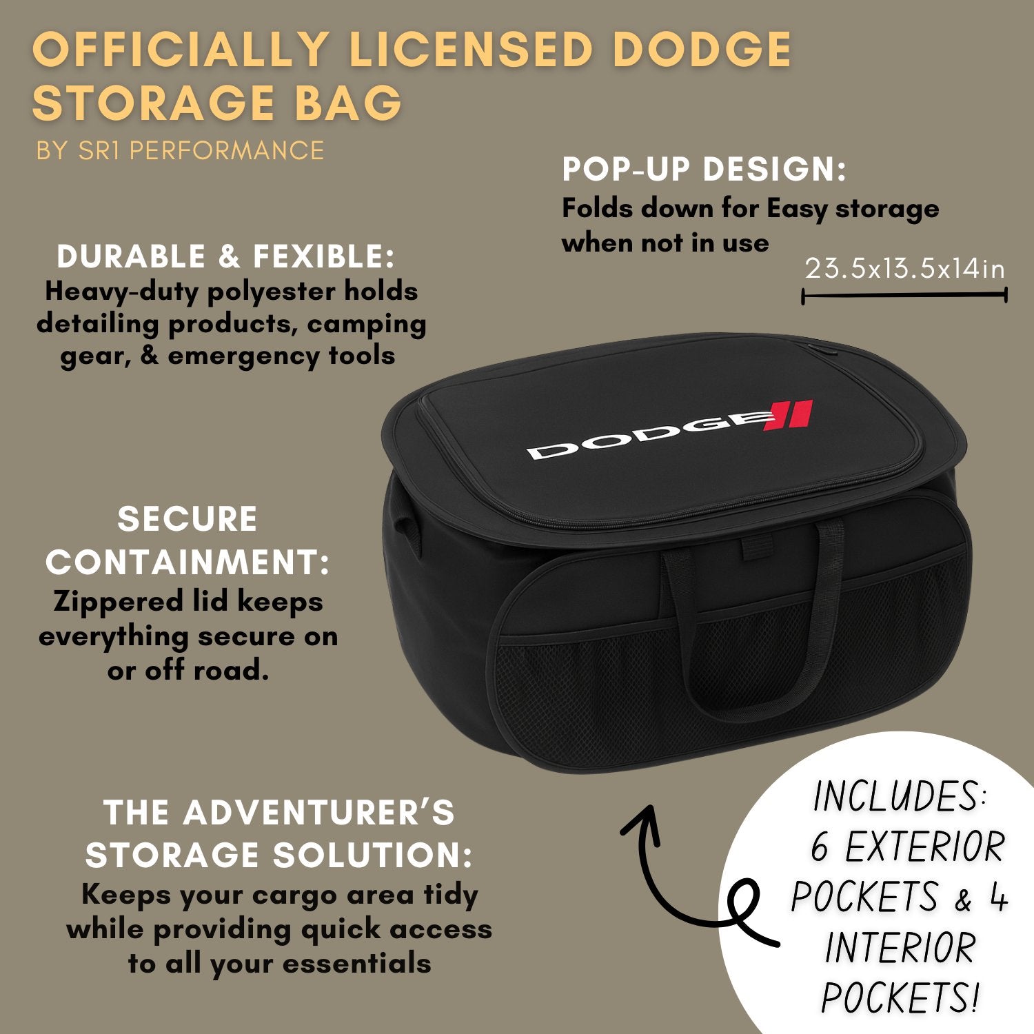 Dodge Pop Up Trunk Storage Organizer - Black Organization Expandable/Collapsible Caddy with Logo for All Dodge Vehicles