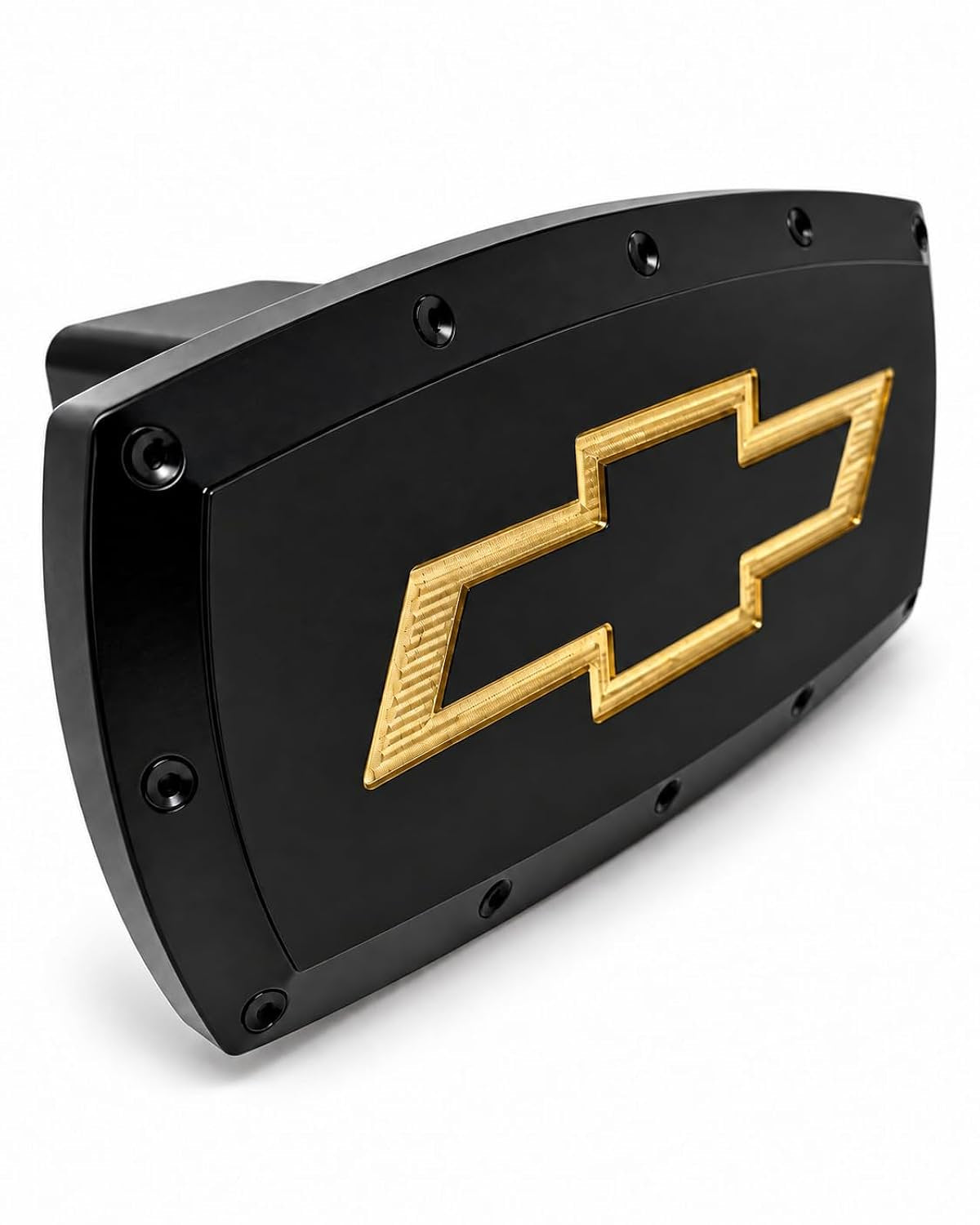 SR1 Performance USA Chevrolet Bowtie Billet Aluminum Trailer Hitch Cover Satin Black with Gold CNC Engraved Logo - 2" Rectangle Receiver Plug - Made in USA - Fits Chevy Cars, Trucks & SUVs